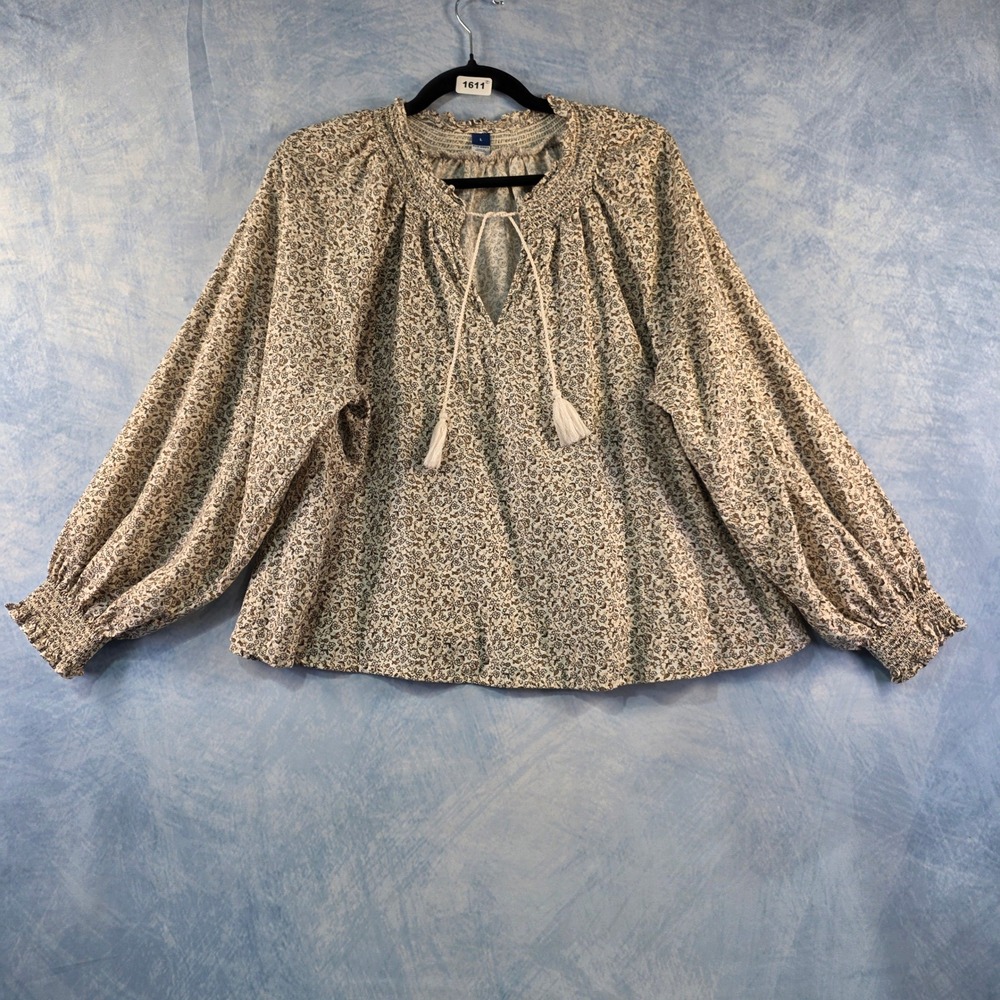 Old Navy Womens Floral Peasant Blouse Brown Cream Tassel Tie Balloon Sleeve L